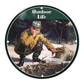 Outdoor Life Porcelain Sign Featuring a Winter Scene of a Hunter