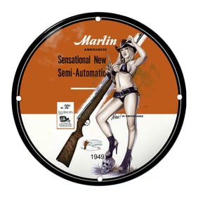 Marlin Firearms Porcelain Sign - 1949 Sensational New Semi-Automatic with Bold Imagery