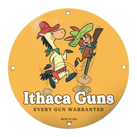 Whimsical Ithaca Guns Porcelain Sign Featuring Cowboy Characters in Action