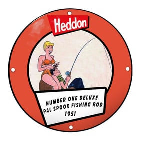 Eye-Catching Heddon Porcelain Sign: Pal Spook Fishing Rod, 1951