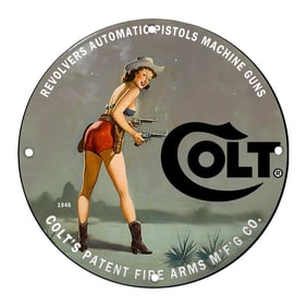 Vintage Colt Firearms Porcelain Sign Featuring Iconic Pin-Up Girl Design (1946)
