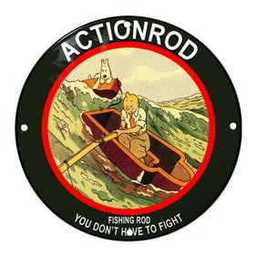 Charming Action Rod Fishing Sign Featuring a Nautical Adventure in Vibrant Colors