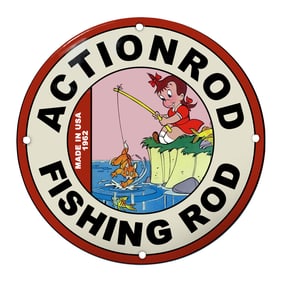 Charming 1962 Actionrod Fishing Rod Porcelain Sign ? A Nostalgic Catch!