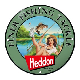 Vintage Heddon Finer Fishing Tackle Porcelain Sign with Playful Angler Design