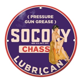 Vintage Socony Chassis Lubricant Porcelain Sign with Classic Graphics