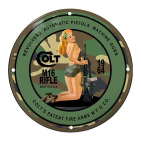 Vivid Colt M16 Rifle Porcelain Sign with Retro Pin-Up Girl Design (1964)