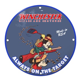 Winchester Porcelain Sign: Always on the Target Featuring Playful Iconography