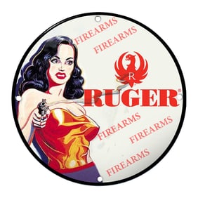 Striking Ruger Firearms Porcelain Sign with Retro Styled Pin-Up Artwork