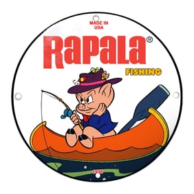 Whimsical Rapala Fishing Sign Featuring Cartoon Pig with Fishing Pole