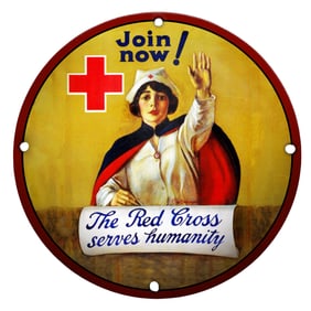 Join the Cause: Iconic Red Cross Porcelain Sign Featuring Compassionate Nurse