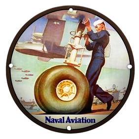 Vivid Porcelain Sign Celebrating Naval Aviation with Sailor and Airplane Imagery