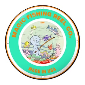 Enchanting Underwater Scene: Magic Fishing Reel Co. Porcelain Sign from 1960