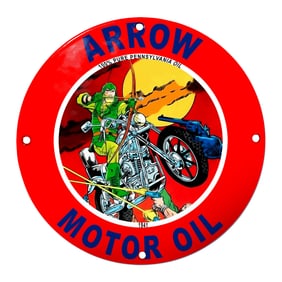Vivid Arrow Motor Oil Sign Featuring Dynamic Archer and Motorcycle Imagery