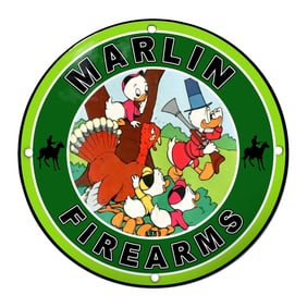 Vintage Marlin Firearms Porcelain Sign Featuring Classic Cartoon Bird Hunters
