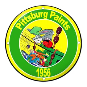 Vivid 1956 Pittsburg Paints Porcelain Sign Featuring Looney Tunes Characters