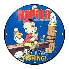 Rapala Porcelain Sign: Colorful Fishing Scene with Iconic Character and Playful Ducks