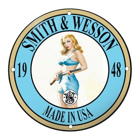 Captivating 1948 Smith & Wesson Porcelain Sign with Iconic Pin-Up Artwork