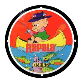 Whimsical Rapala Porcelain Sign Featuring Animated Fishing Pig Character