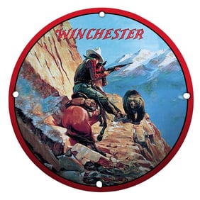 Winchester Wild West Adventure Porcelain Sign with Hunter and Bear Imagery