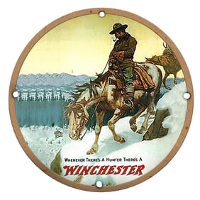 Epic Winchester Hunting Scene Porcelain Sign Capturing Adventure and Tradition