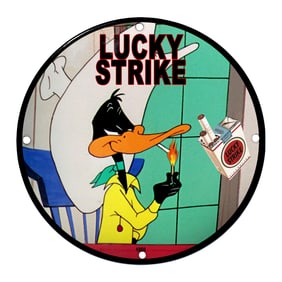 Vintage Lucky Strike Porcelain Sign Featuring Daffy Duck in Whimsical Setting