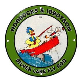 Colorful Porcelain Sign: Horrocks & Ibbetson Silver Lake Fly Rod, 1952