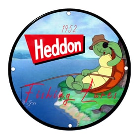Charming Heddon Fishing Lures Porcelain Sign Featuring Laid-Back Cartoon Turtle