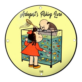 Charming 1948 Arbogast's Fishing Lure Porcelain Sign Featuring Playful Fishing Scene
