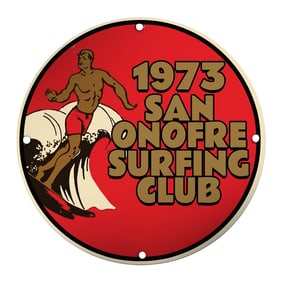 Vintage 1973 San Onofre Surfing Club Porcelain Sign - Retro Wave Art