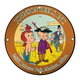 Charming Johnson Reels Porcelain Sign Featuring Playful Cartoon Characters