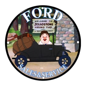 Charming 1938 Ford Sales & Service Porcelain Sign Featuring Animated Character