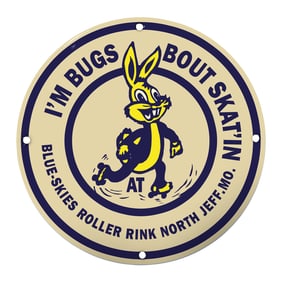 Vibrant Porcelain Sign: 'I'm Bugs Bout Skatin' at Blue-Skies Roller Rink