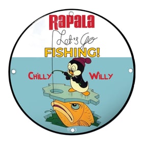 Chilly Willy Fishing Adventure Porcelain Sign Featuring Rapala Branding