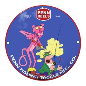 Playful Pink Panther Fishing Adventure Porcelain Sign - Penn Reels 1966