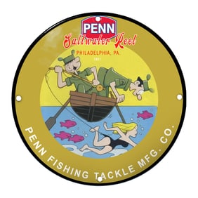Penn Saltwater Reel Porcelain Sign Featuring Fishermen and Swimmer in Vibrant Colors