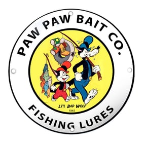 Paw Paw Bait Co. Vintage Fishing Sign Featuring Whimsical Characters (1945)