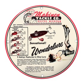 1955 Makinen Tackle Co. Wonderlure Porcelain Sign ? Captivating Design & Fishing Innovation