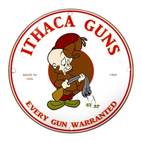 Charming Ithaca Guns Porcelain Sign Featuring Elmer Fudd - 1969