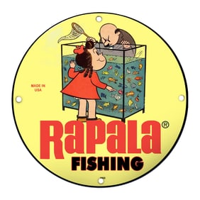Charming Rapala Fishing Sign with Whimsical Cartoon Characters and Colorful Aquarium Scene