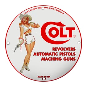 Vibrant Colt Firearms Porcelain Sign Featuring Iconic Vintage Cowgirl Design