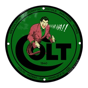 Colt Firearms 1940 Sign Featuring Iconic Joker Illustration and Bold Graphic Design
