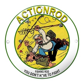 Vibrant 'Action Rod' Porcelain Fishing Sign with Humorous Design