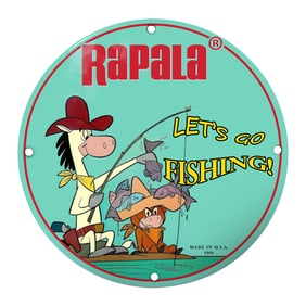 Whimsical Rapala Fishing Sign Featuring Playful Cartoon Characters