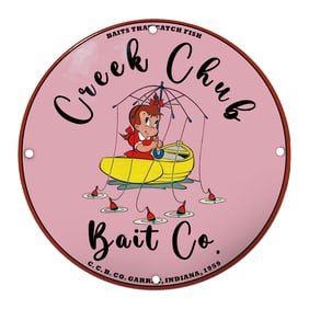 Charming Creek Chub Bait Co. Porcelain Sign Featuring Whimsical Fishing Scene