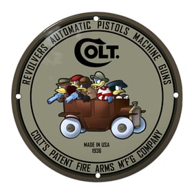 Captivating Colt Patent Firearms Sign Featuring Cartoon Ducks in Vintage Car ? 1936