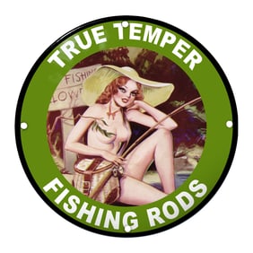 True Temper Fishing Rods Porcelain Sign - Captivating Pin-Up Art & Vivid Colors