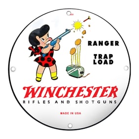 Winchester Trap Load Porcelain Sign Featuring Charming Cartoon Character