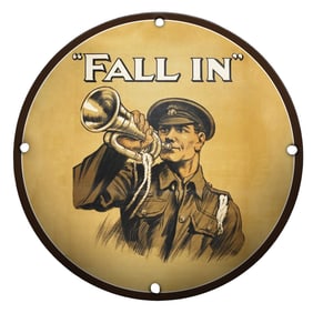 Historic Porcelain Sign Featuring a Soldier Blowing a Bugle with 'FALL IN' Inscription
