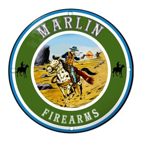 Dynamic Marlin Firearms Porcelain Sign Featuring Equestrian Wild West Imagery