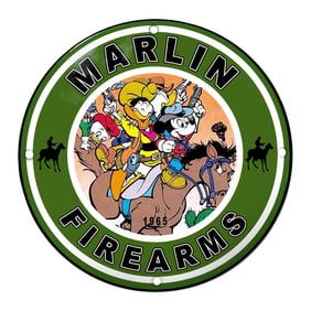 Colorful Marlin Firearms Sign Featuring Iconic Characters in the Wild West